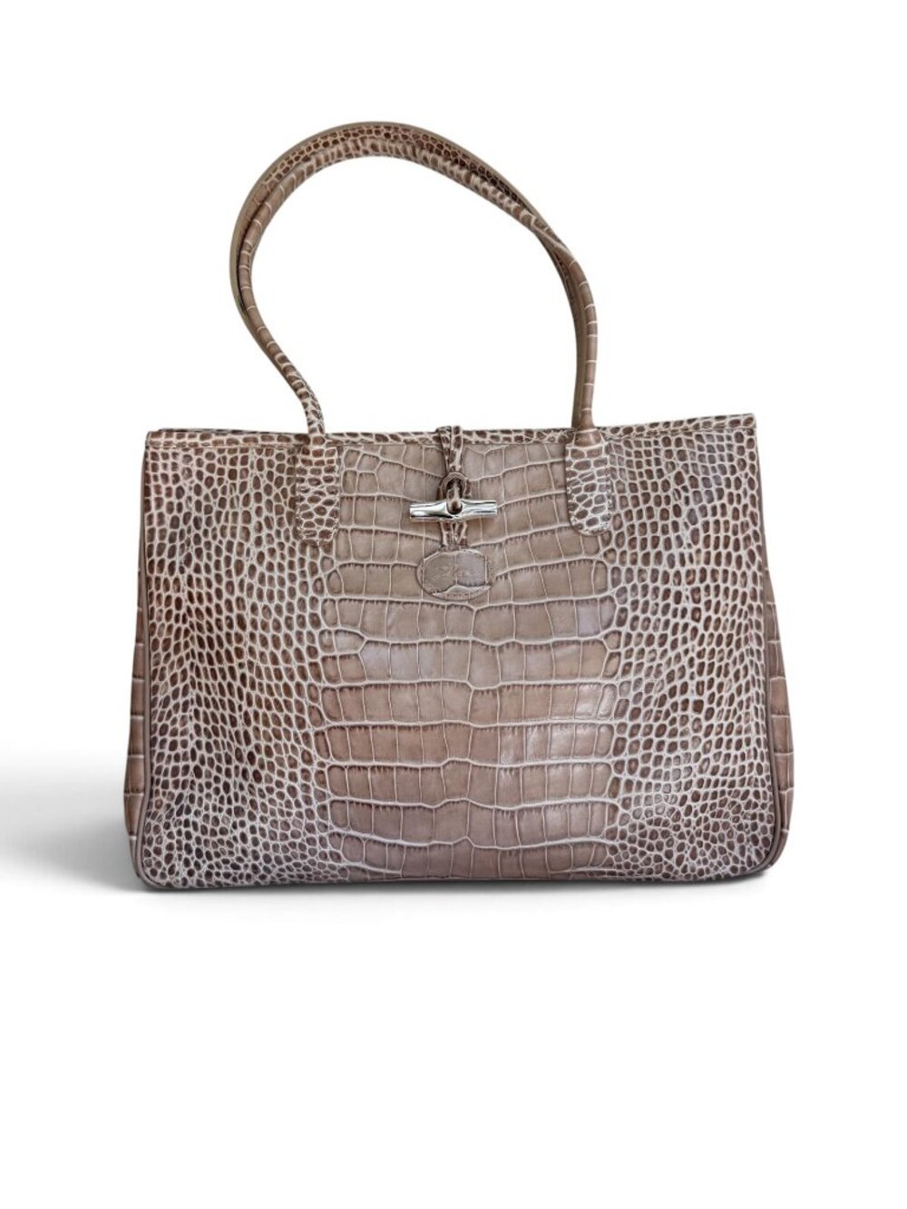LONGCHAMP Beige Roseau Croc Embossed Leather Tote Bag